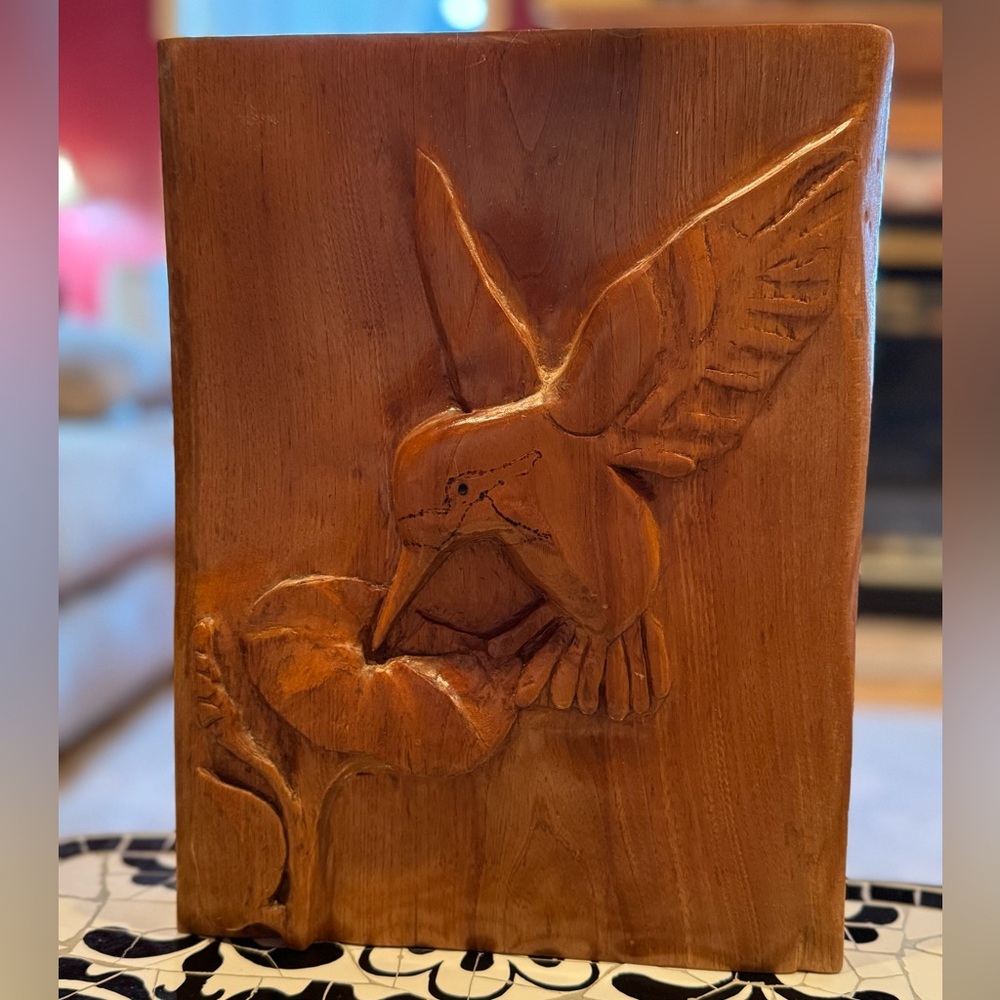 70s VTG Hand Carved Wood Bas-Relief Wall Plaque Humming Bird & Flower 9” x 11.5”